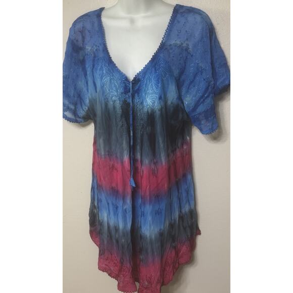 Sakkas Blouse Women’s Turquoise Tie Dye Top Short Sleeve V-Neck One Size NEW - Picture 3 of 9